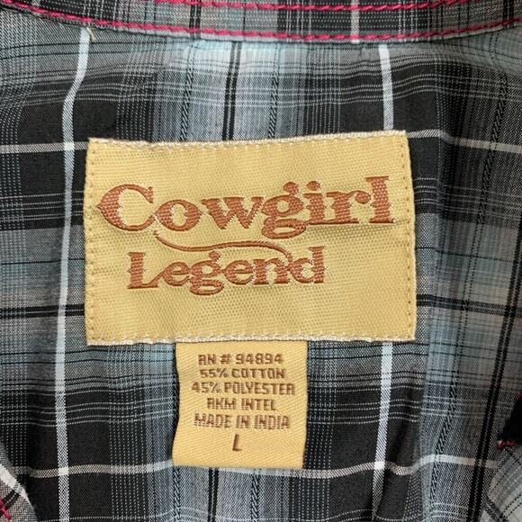 Cowgirl Legend Shirt Women L Large Gray Pink Lace Panel Plaid Pearl Snap Western - Picture 10 of 12